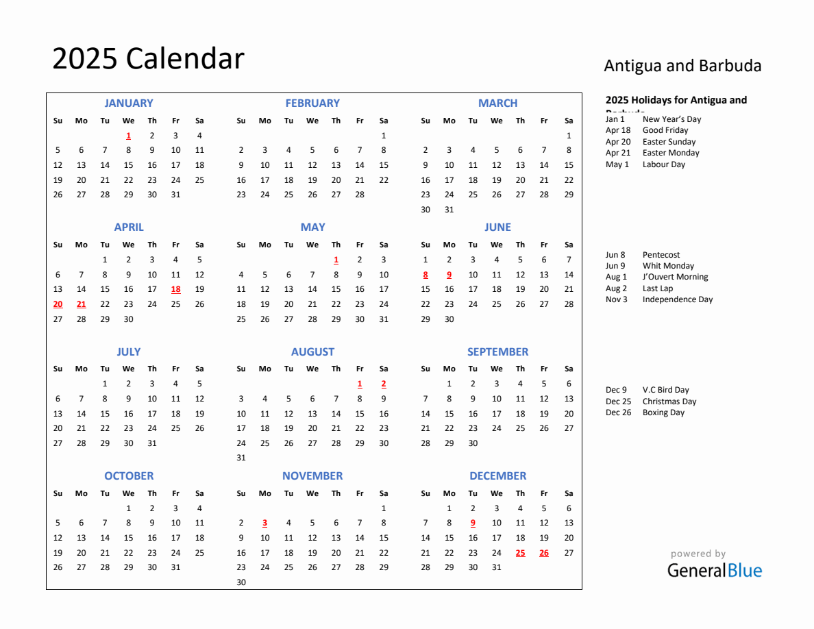 2025 Calendar with Holidays for Antigua and Barbuda