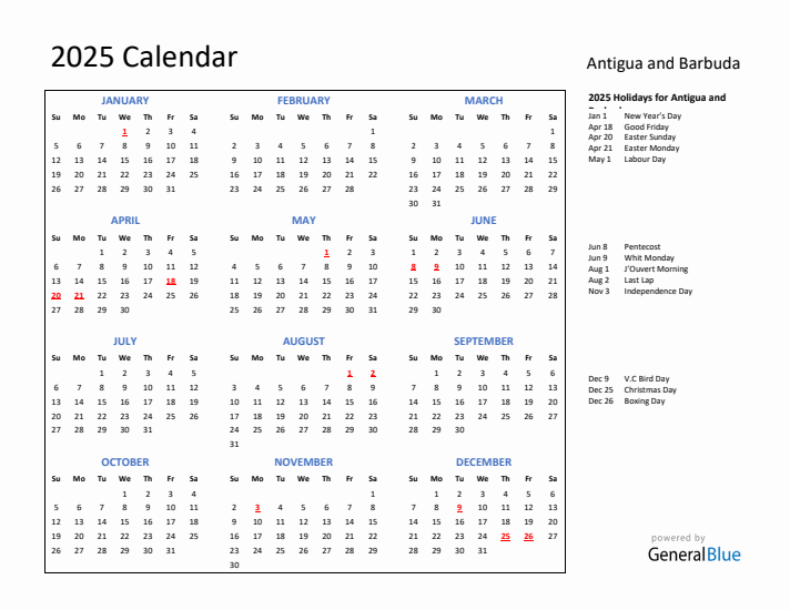 2025 Calendar with Holidays for Antigua and Barbuda