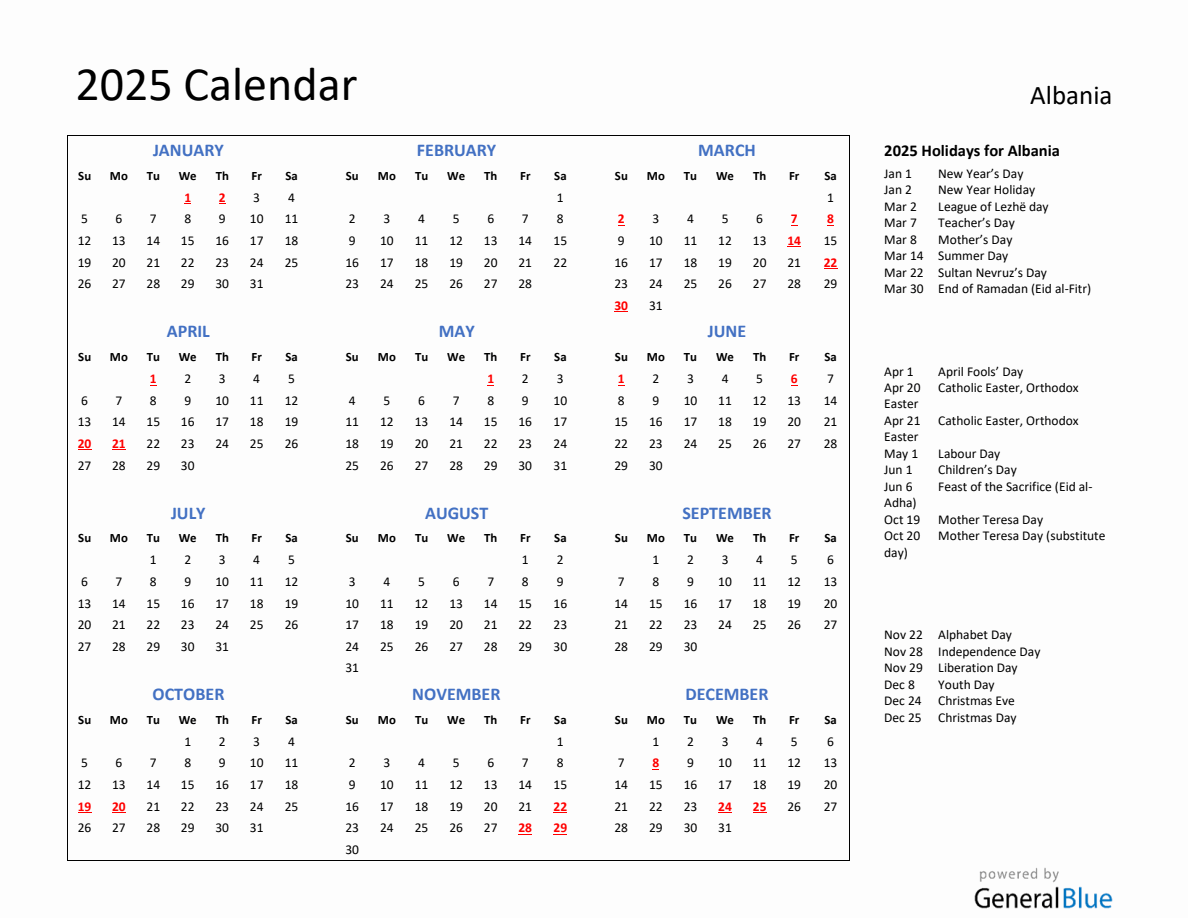 2025 Calendar with Holidays for Albania