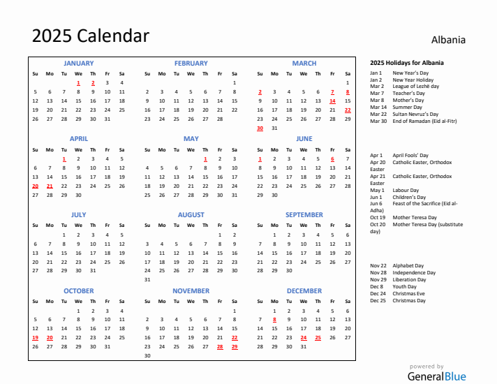 2025 Calendar with Holidays for Albania