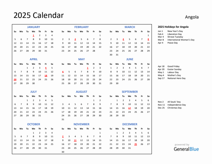 2025 Calendar with Holidays for Angola