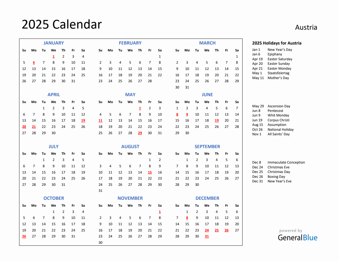 2025 Calendar with Holidays for Austria