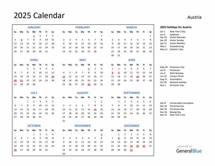 2025 Austria Calendar with Holidays