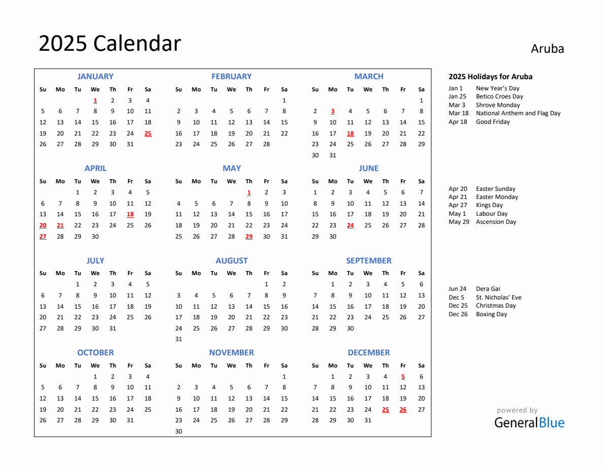 2025 Calendar with Holidays for Aruba
