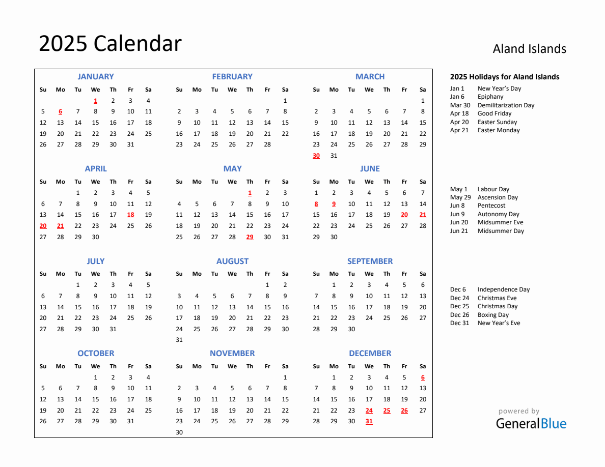 2025 Calendar with Holidays for Aland Islands