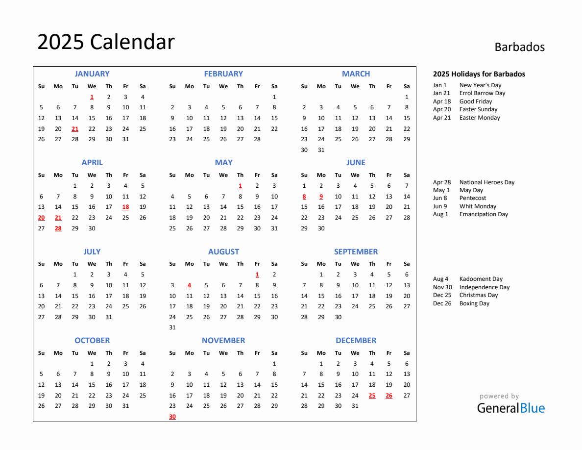 2025 Calendar with Holidays for Barbados