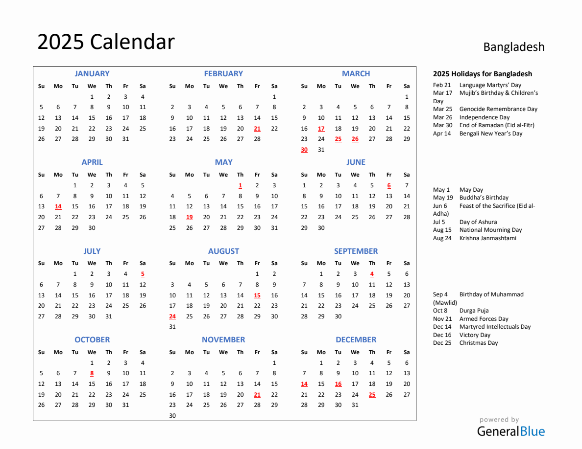 2025 Calendar with Holidays for Bangladesh