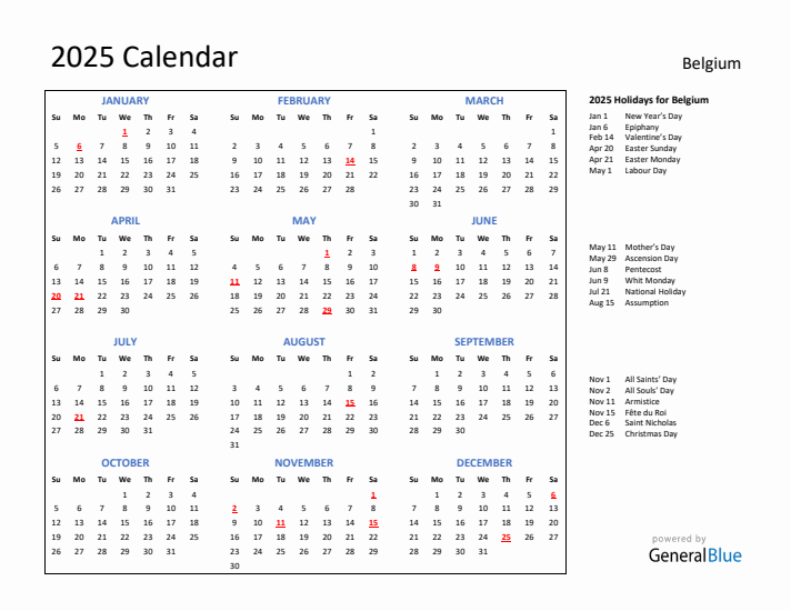 2025 Calendar with Holidays for Belgium
