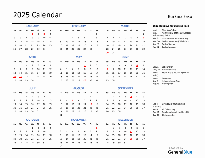 2025 Calendar with Holidays for Burkina Faso