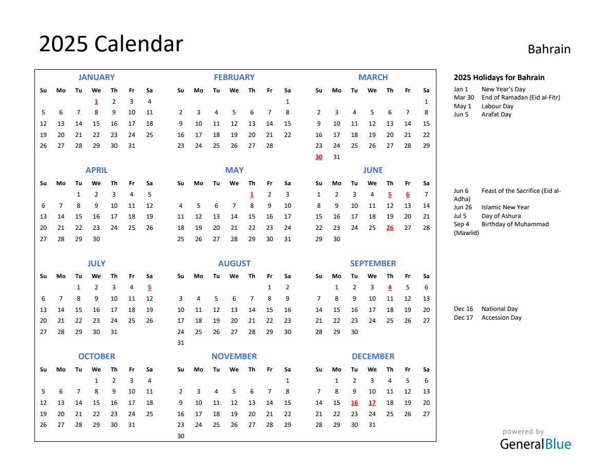 2025 Calendar with Holidays for Bahrain