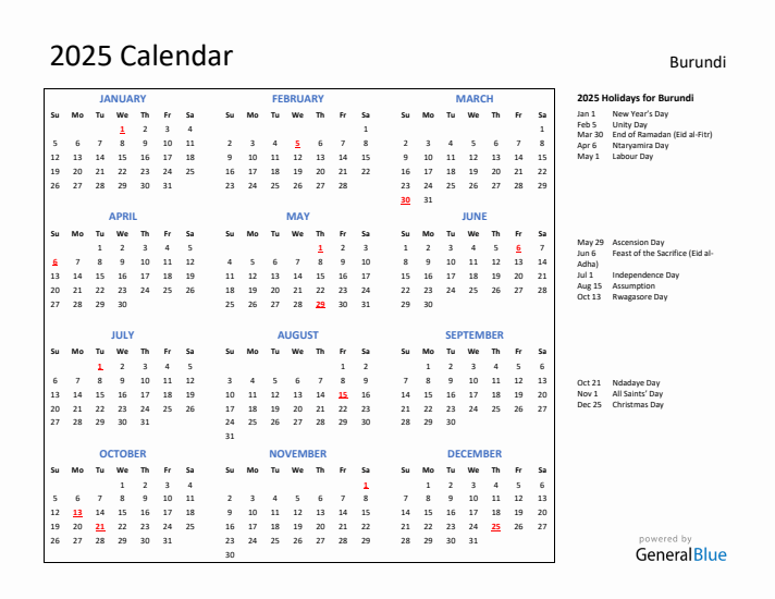 2025 Calendar with Holidays for Burundi