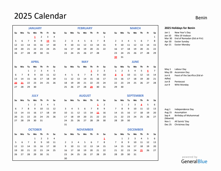 2025 Calendar with Holidays for Benin