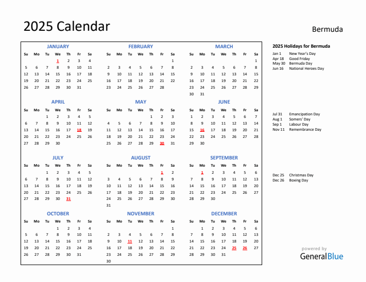 2025 Calendar with Holidays for Bermuda