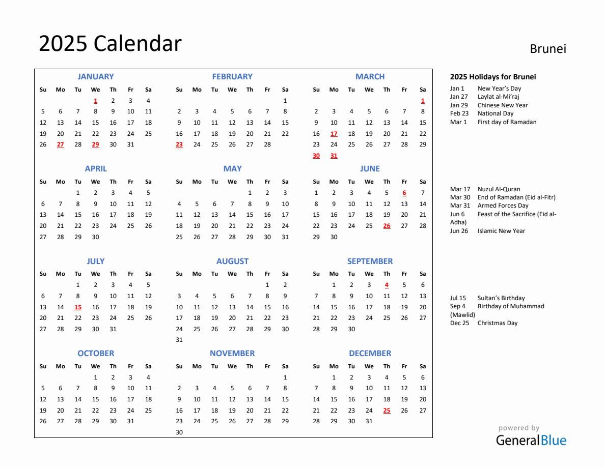 2025 Calendar with Holidays for Brunei