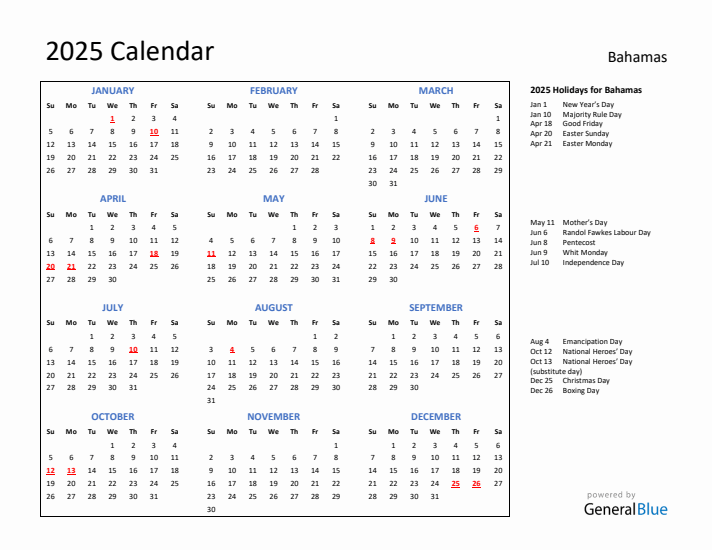 2025 Calendar with Holidays for Bahamas