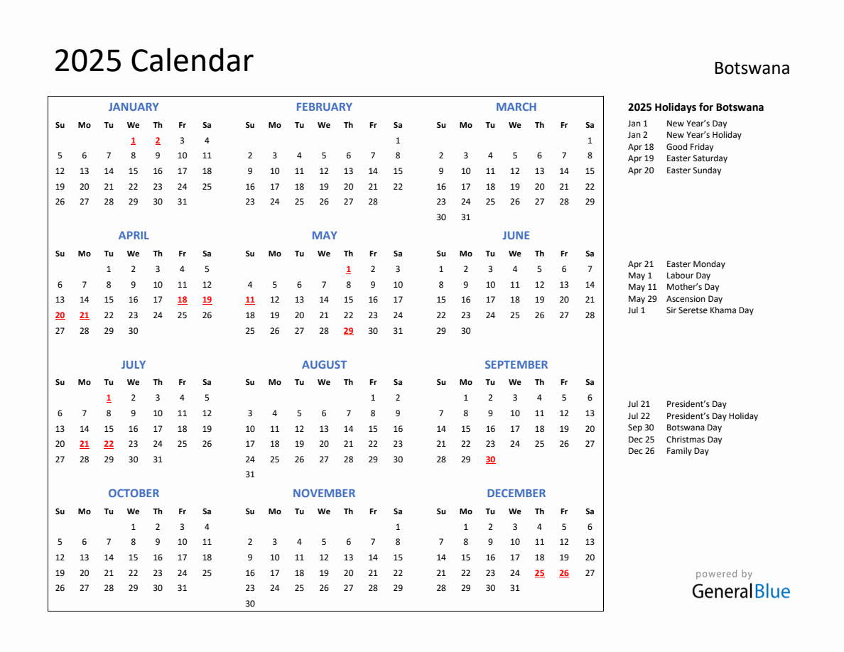 2025 Calendar with Holidays for Botswana