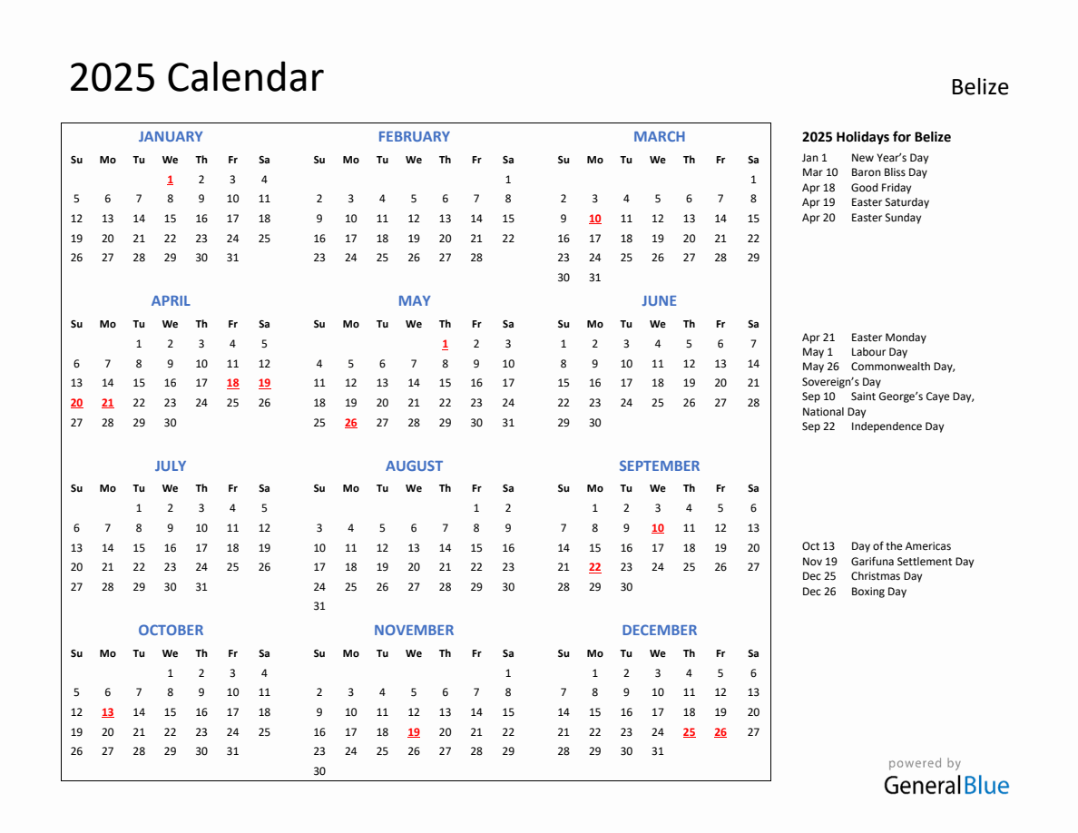 2025 Calendar with Holidays for Belize