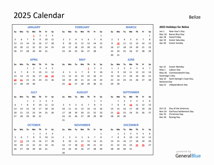 2025 Calendar with Holidays for Belize