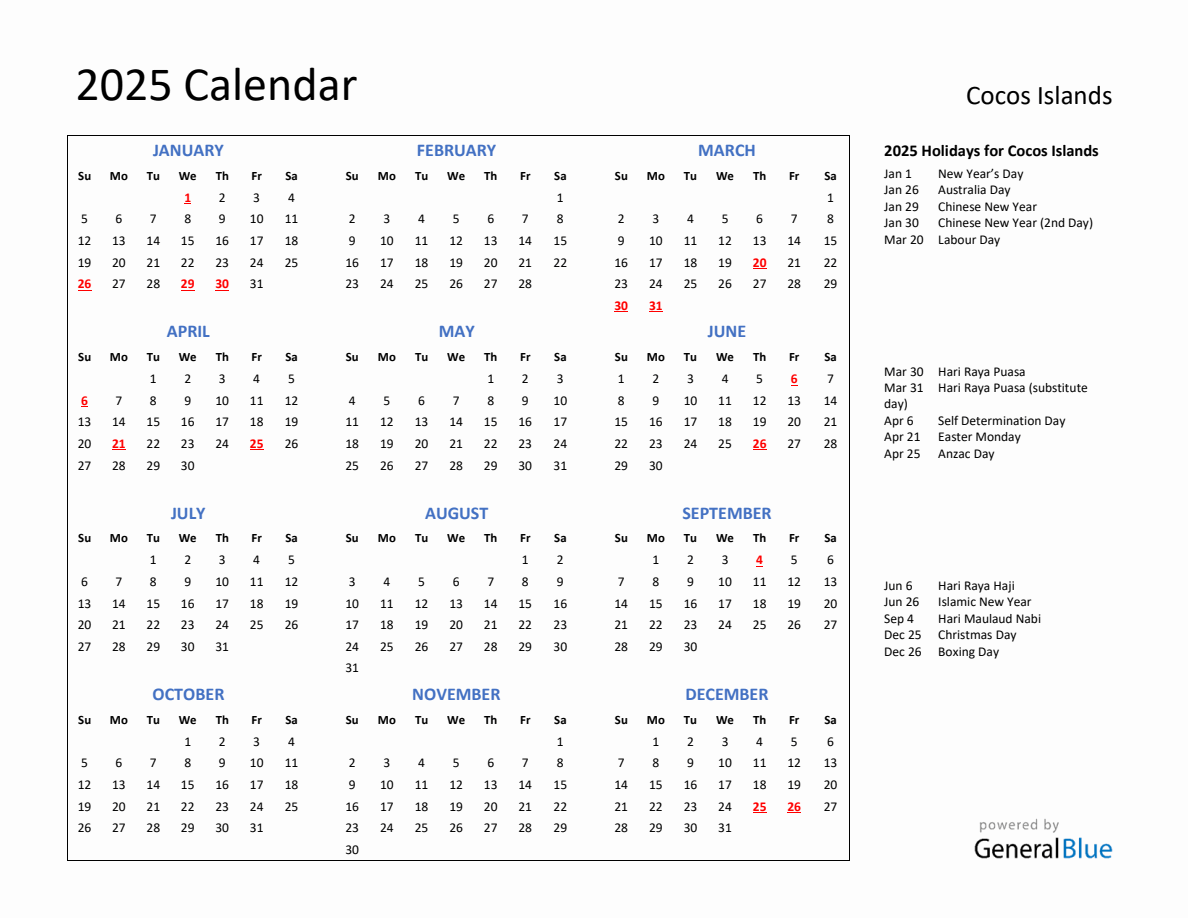 2025 Calendar with Holidays for Cocos Islands