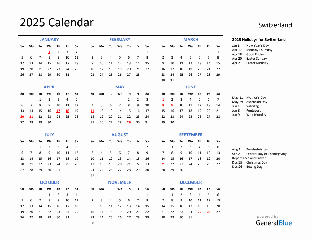 2025 Calendar with Holidays for Switzerland