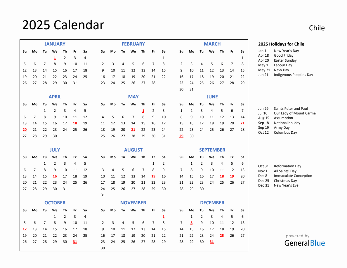 2025 Calendar with Holidays for Chile