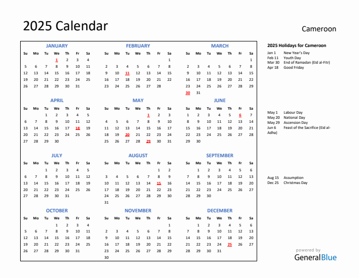 2025 Calendar with Holidays for Cameroon