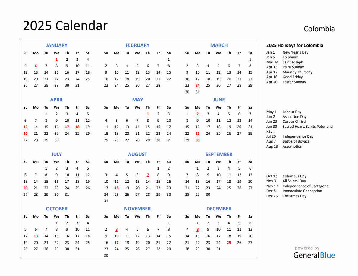 2025 Calendar with Holidays for Colombia