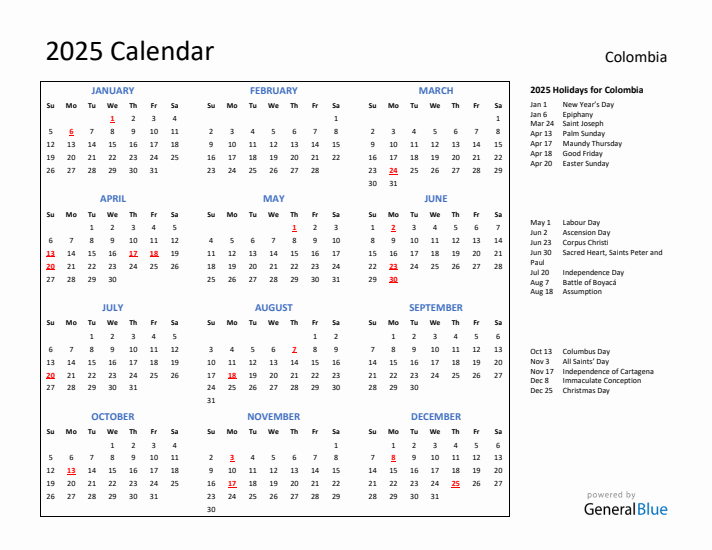 2025 Calendar with Holidays for Colombia