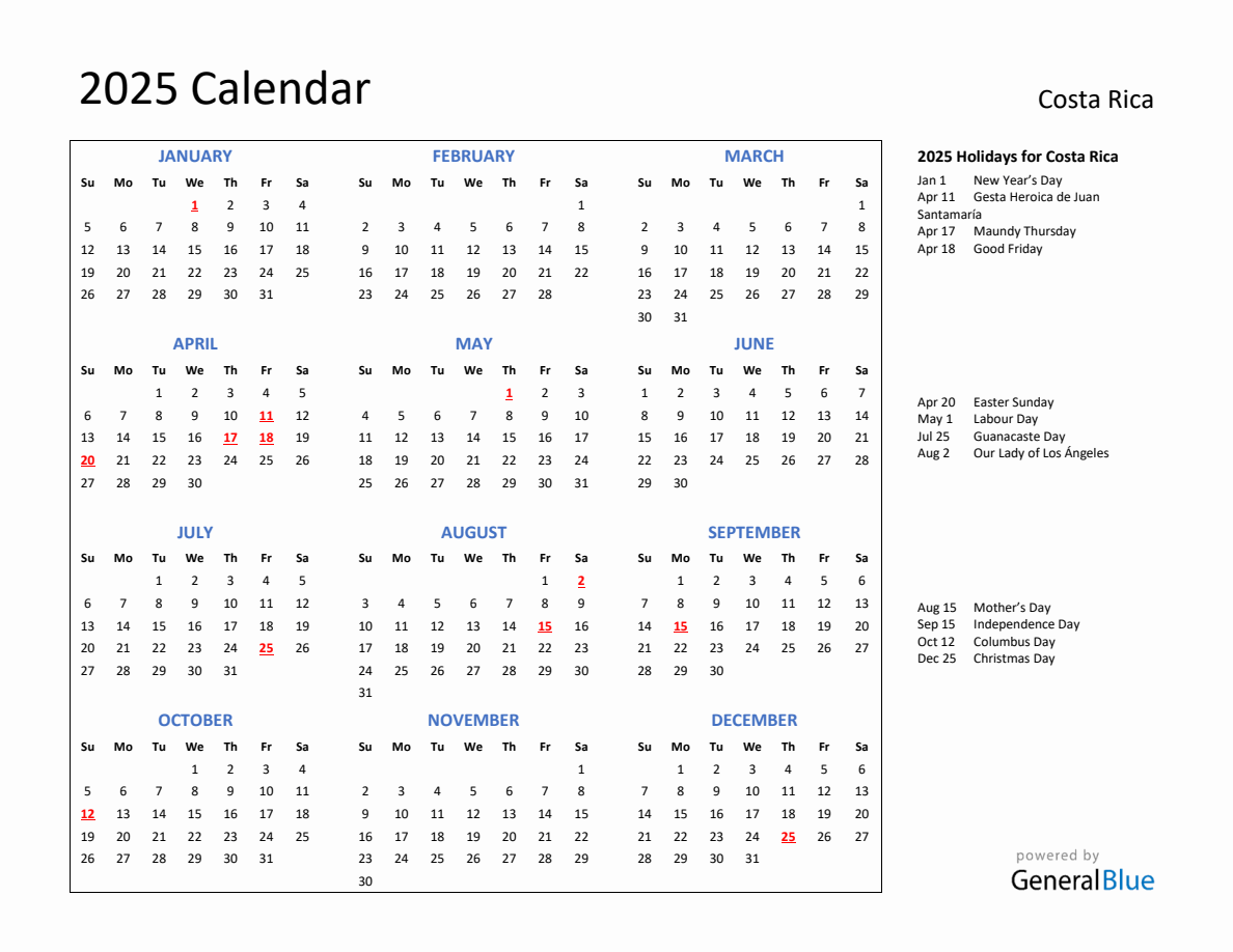 2025 Calendar with Holidays for Costa Rica