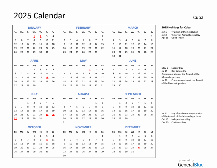 2025 Calendar with Holidays for Cuba