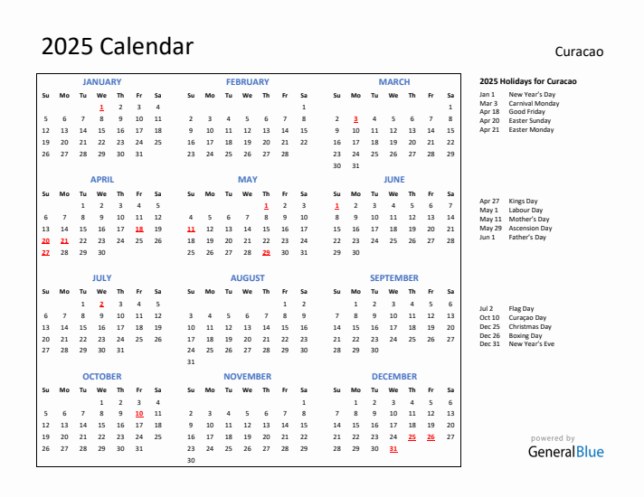 2025 Calendar with Holidays for Curacao