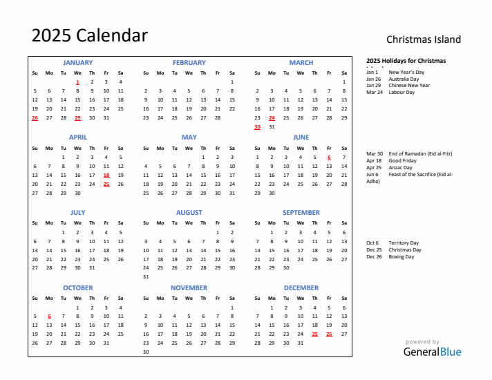 2025 Calendar with Holidays for Christmas Island