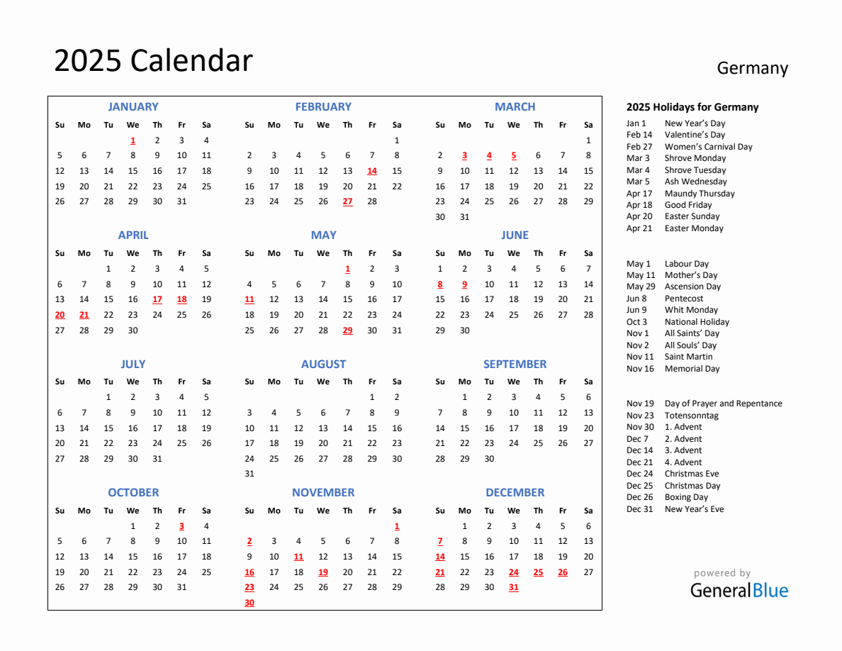 2025 Calendar with Holidays for Germany