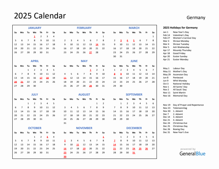 2025 Calendar with Holidays for Germany