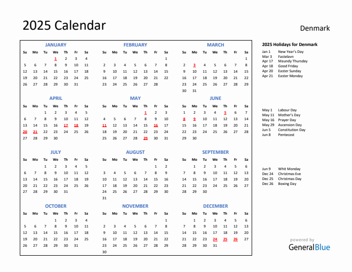 2025 Calendar with Holidays for Denmark