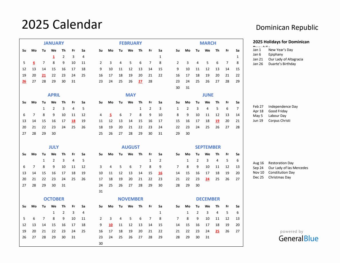 2025 Calendar with Holidays for Dominican Republic