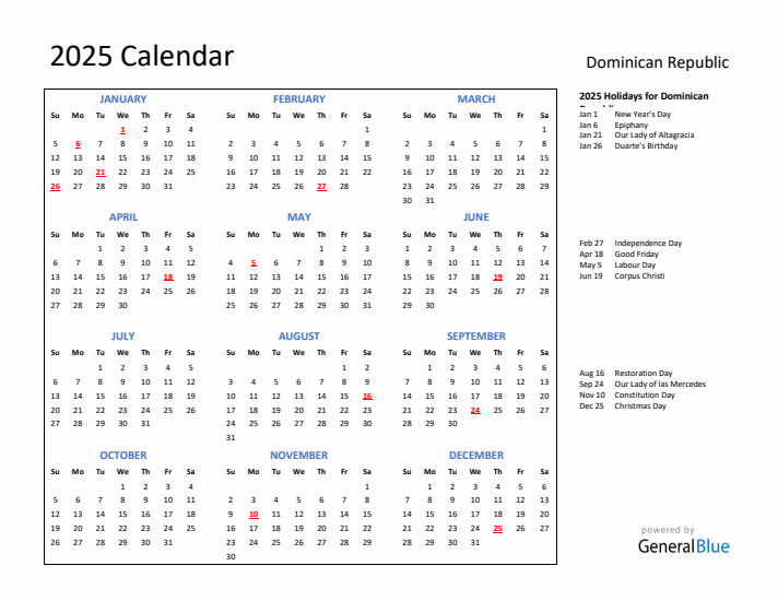 2025 Calendar with Holidays for Dominican Republic
