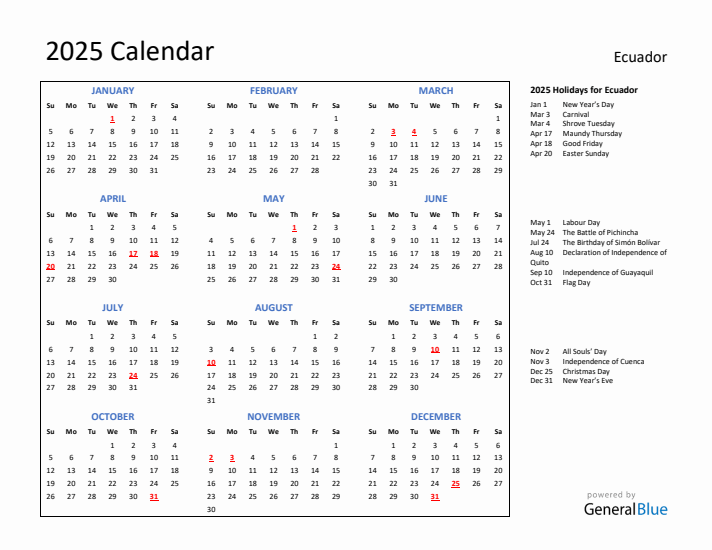 2025 Calendar with Holidays for Ecuador