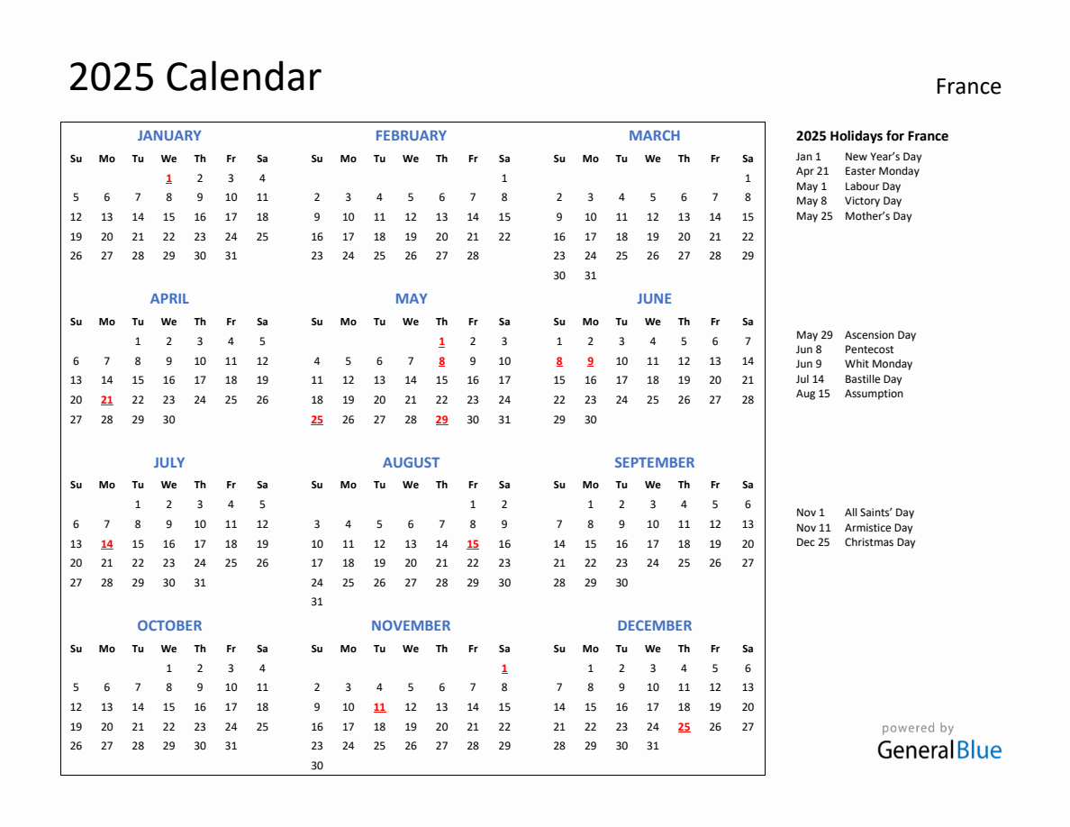 2025 Calendar with Holidays for France