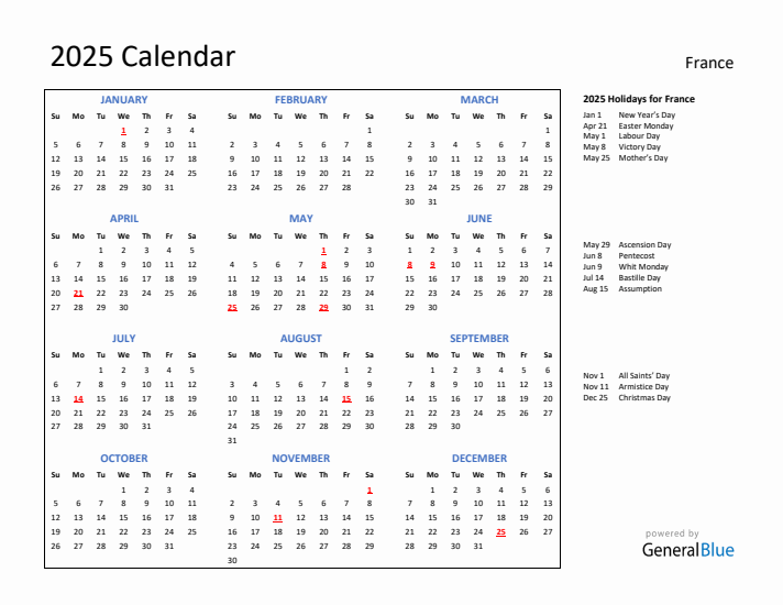 2025 Calendar with Holidays for France