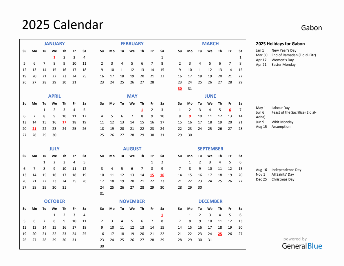 2025 Calendar with Holidays for Gabon