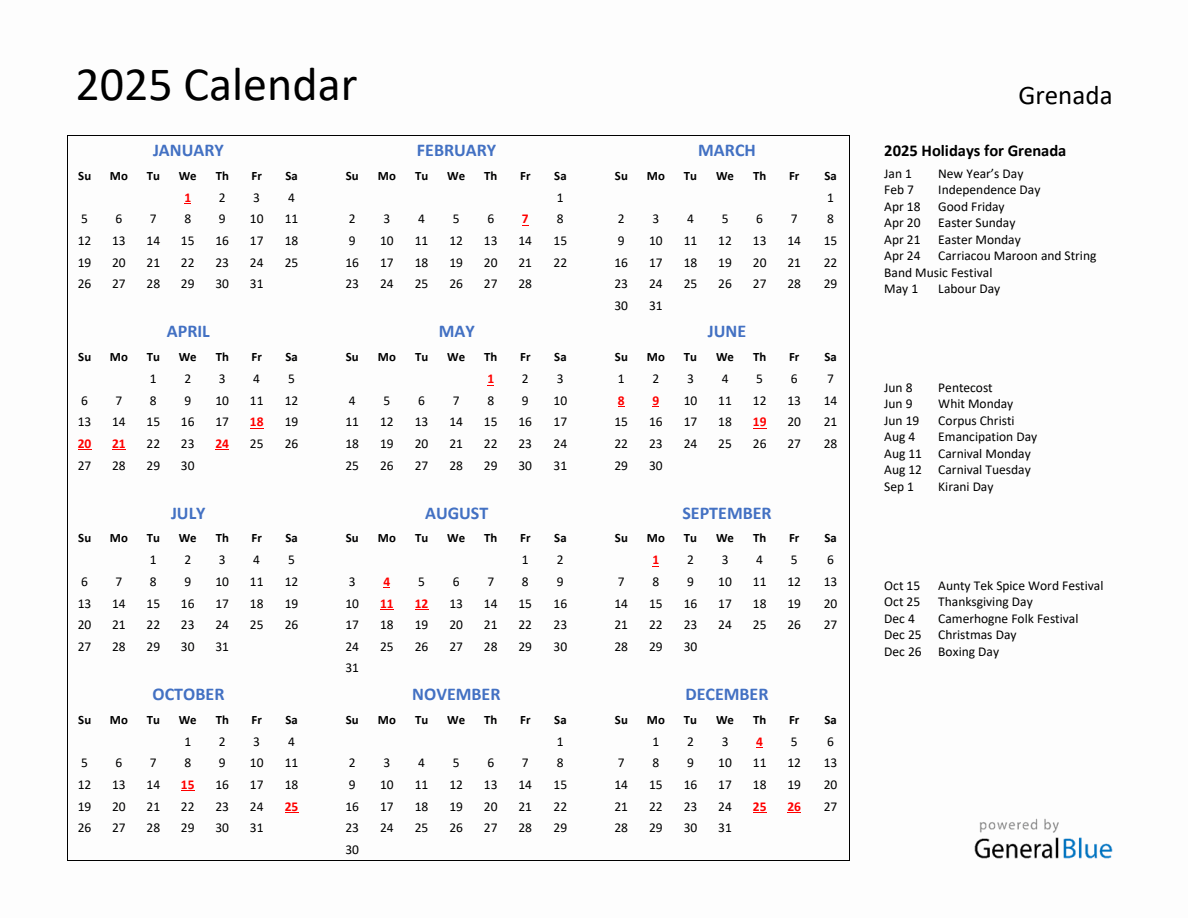 2025 Calendar with Holidays for Grenada