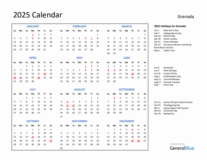 2025 Calendar with Holidays for Grenada