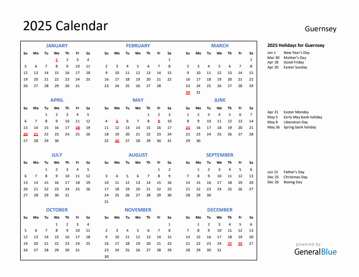 2025 Calendar with Holidays for Guernsey
