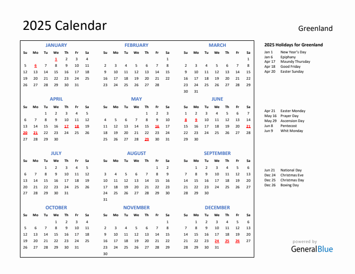 2025 Calendar with Holidays for Greenland