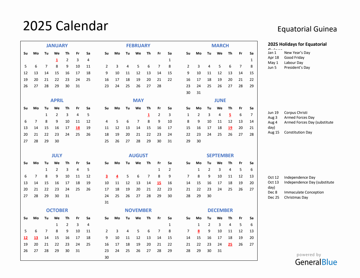 2025 Calendar with Holidays for Equatorial Guinea