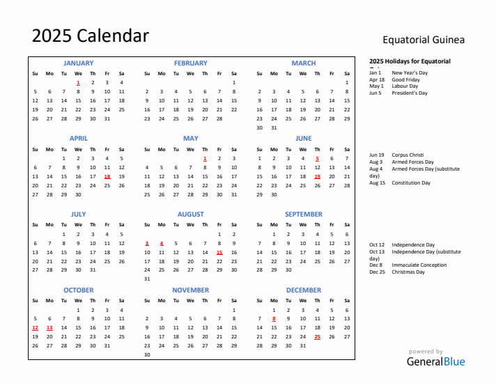 2025 Calendar with Holidays for Equatorial Guinea