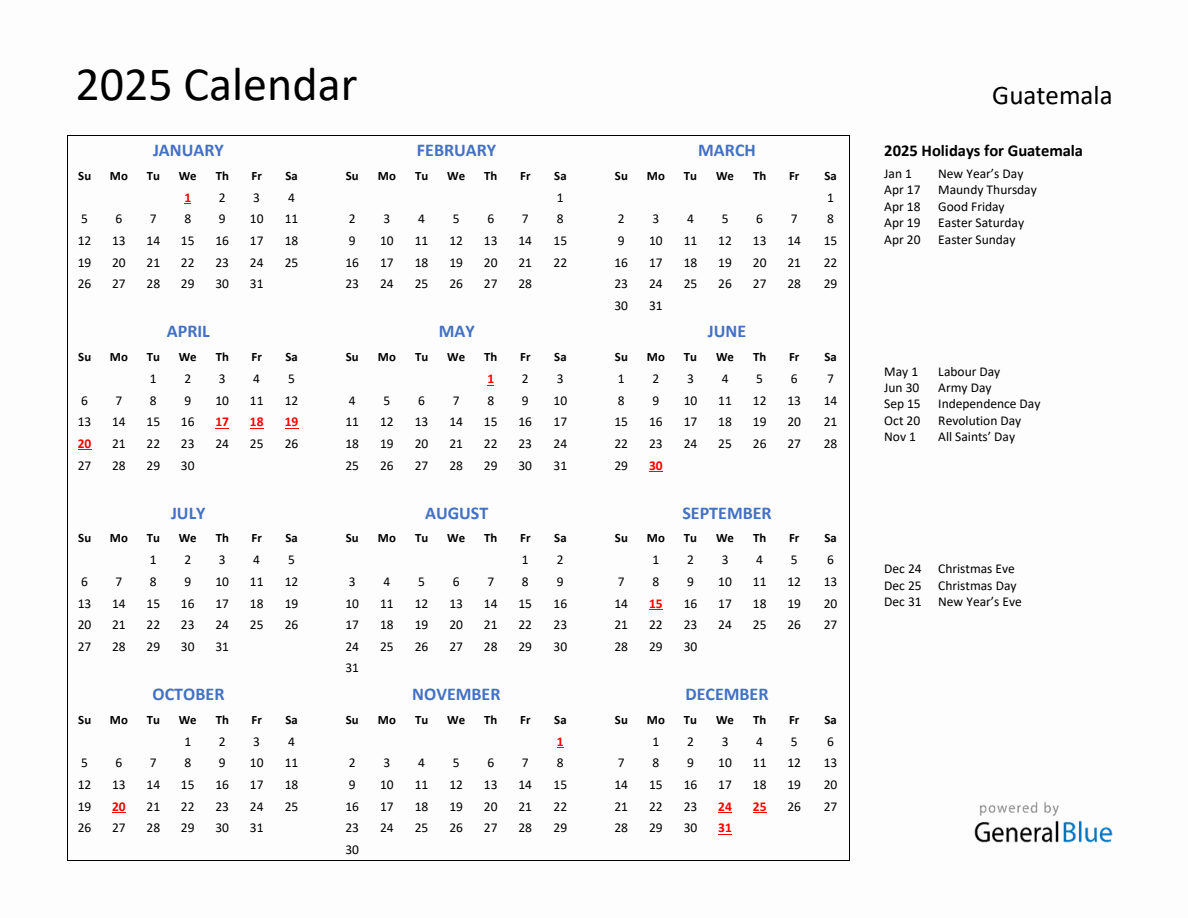 2025 Calendar with Holidays for Guatemala