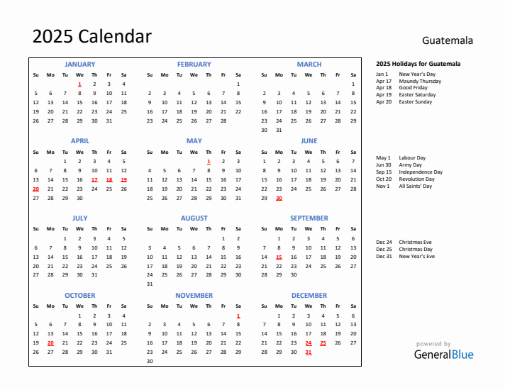 2025 Calendar with Holidays for Guatemala