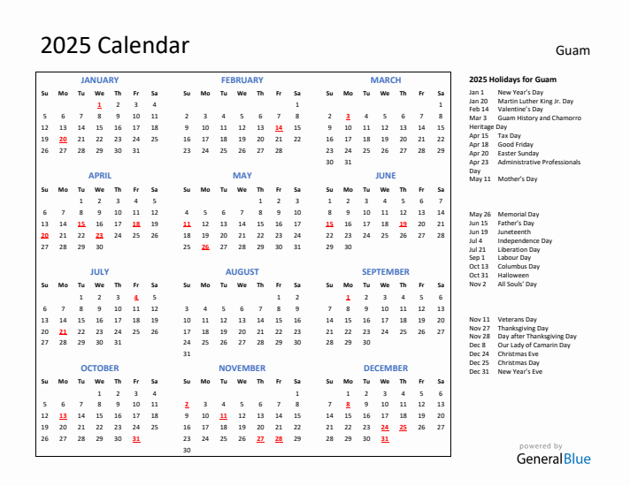 2025 Calendar with Holidays for Guam
